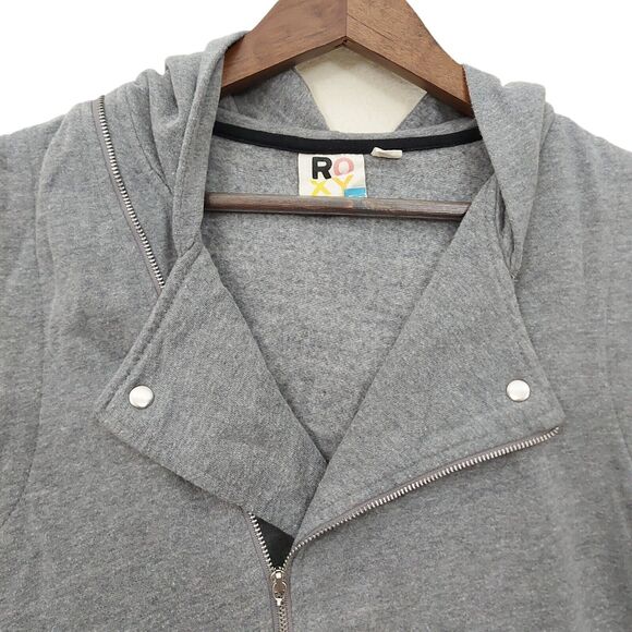 Roxy Hooded Vest Womens Medium Gray Full Zip Graphic Print Pockets Knit Casual - Picture 9 of 12